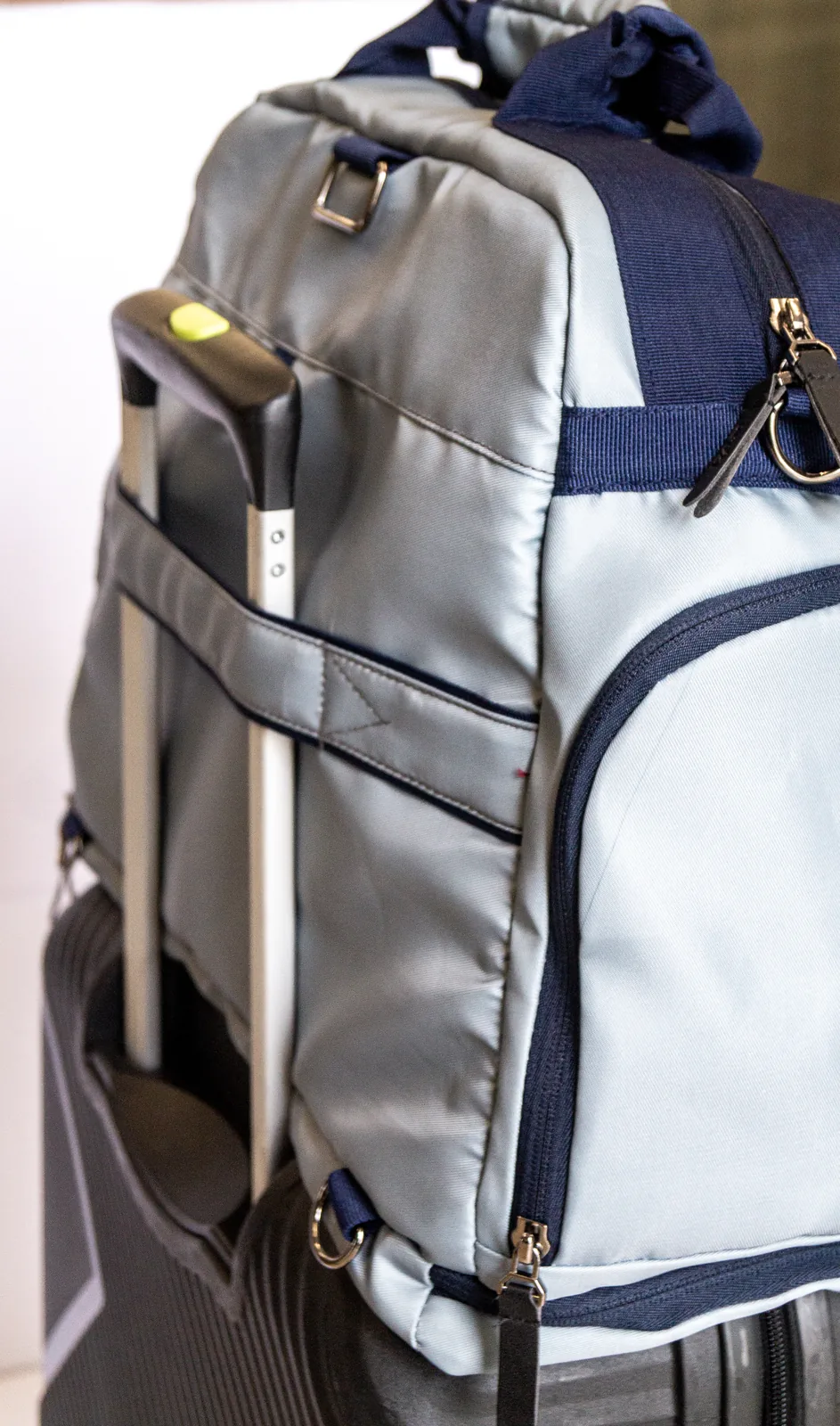 The trolley sleeve on the back, with a laptop slid in