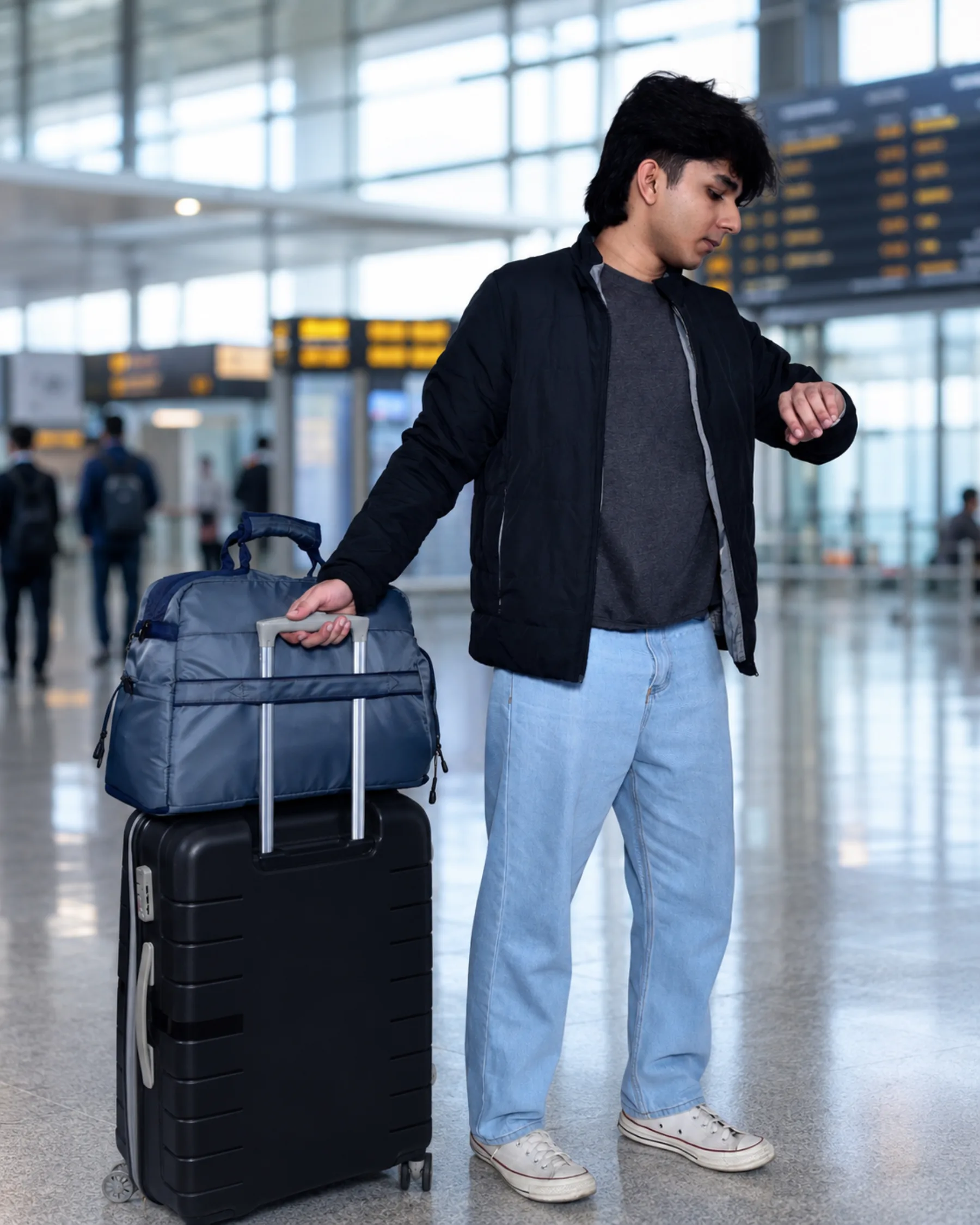 The Slate Duffel resting on a suitcase at the airport