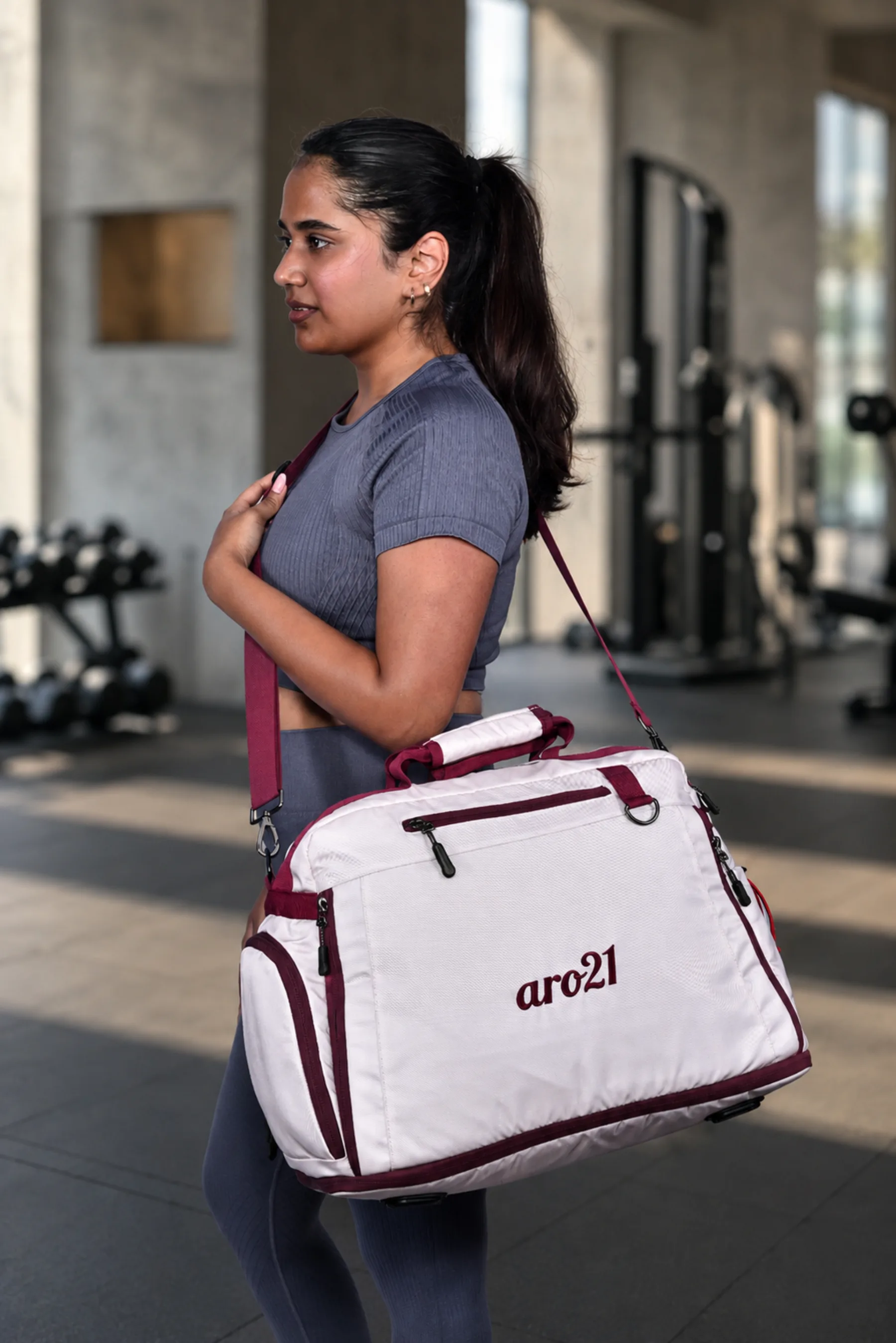 The Dawn Duffel carried into the gym
